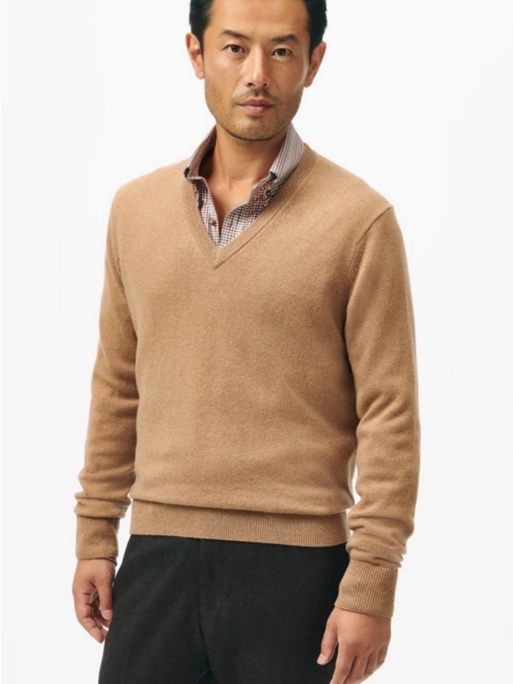 Brooks Brothers Men's V-Neck Cashmere Sweater - Camel Brown
